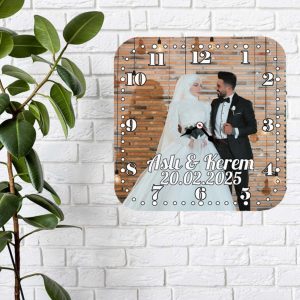 Fotoğraflı İsimli Tarihli Kişiye Özel Kare Duvar Saati