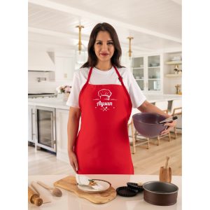 Kişiye Özel Chef İsimli Profesyonel Kırmızı Bayan Mutfak Önlüğü