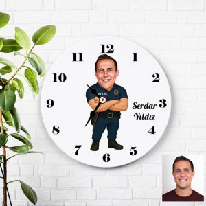 Polis Karikatürlü Kişiye Özel Ahşap Duvar Saati