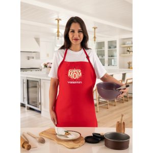 Super Mom Anneye Özel İsimli Mutfak Önlüğü Kırmızı - Anneler Günü