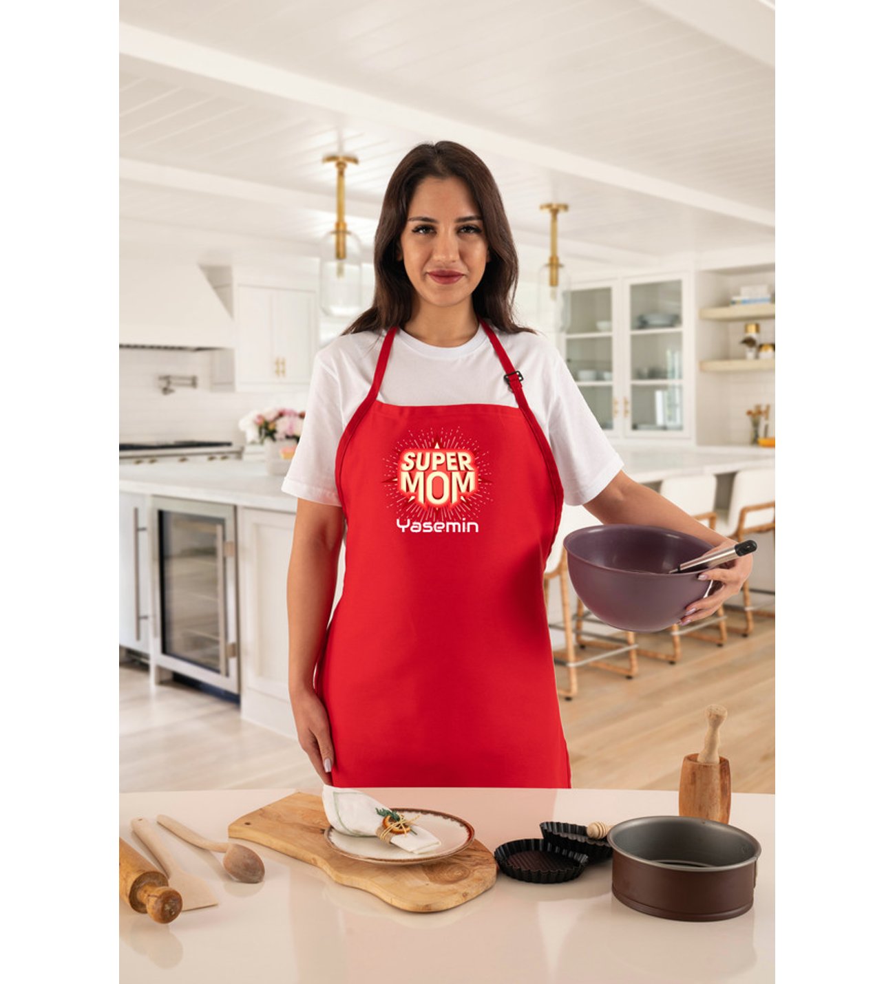 Super Mom Anneye Özel İsimli Mutfak Önlüğü Kırmızı - Anneler Günü