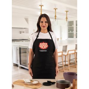 Super Mom Anneye Özel İsimli Mutfak Önlüğü Siyah - Anneler Günü