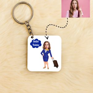 Karikatürlü Hostese Özel Kabin Memuru Kişiye Özel Anahtarlık
