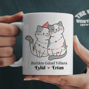 Yılbaşı Kedi Çizimli Kedili İsimli Kupa