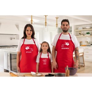 Kişiye Özel Anne Baba Çocuk Kombini Hediye Master Chef 3'lü Mutfak Önlüğü Kırmızı