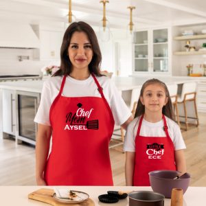 Kişiye Özel Anne Çocuk 2li Mutfak Önlüğü Chef Kırmızı