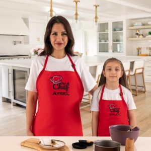 Kişiye Özel Anne Çocuk 2li Mutfak Önlüğü Chefler Kırmızı